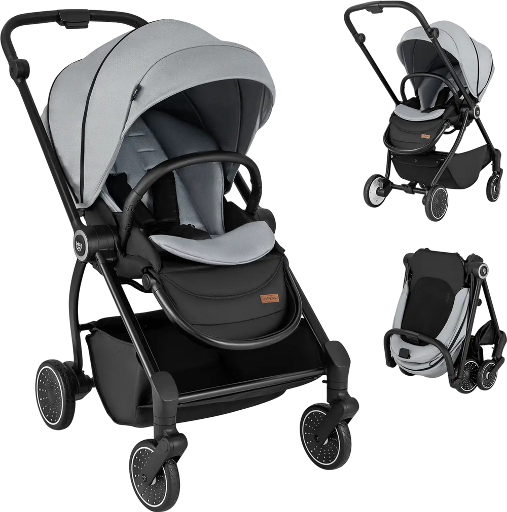 Foldable infant pram stroller in gray with reversible seat, adjustable backrest, and large storage basket for.