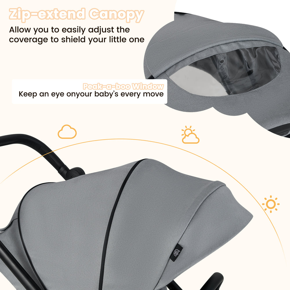Zip-extend canopy and peek-a-boo window on a gray foldable infant pram stroller for adjustable coverage and visibility.
