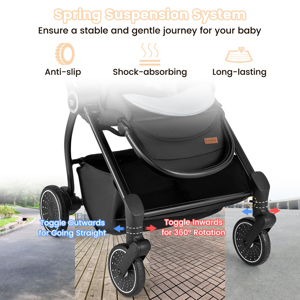 Spring suspension system of the foldable infant pram stroller, featuring anti-slip wheels for a smooth ride.