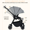 Foldable infant pram stroller in gray with a reversible seat and 3-level adjustable backrest for customized comfort.