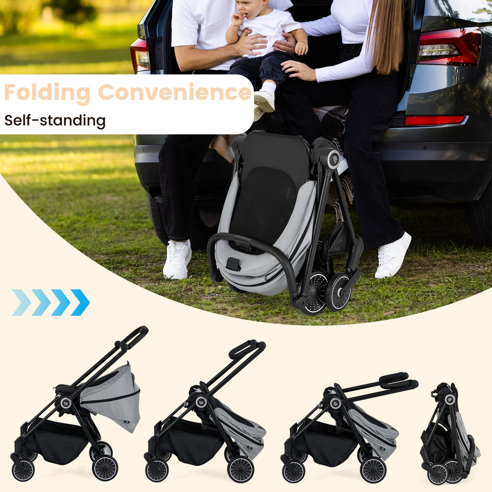 Foldable infant pram stroller in gray with reversible seat, adjustable backrest, and self-standing design for easy.