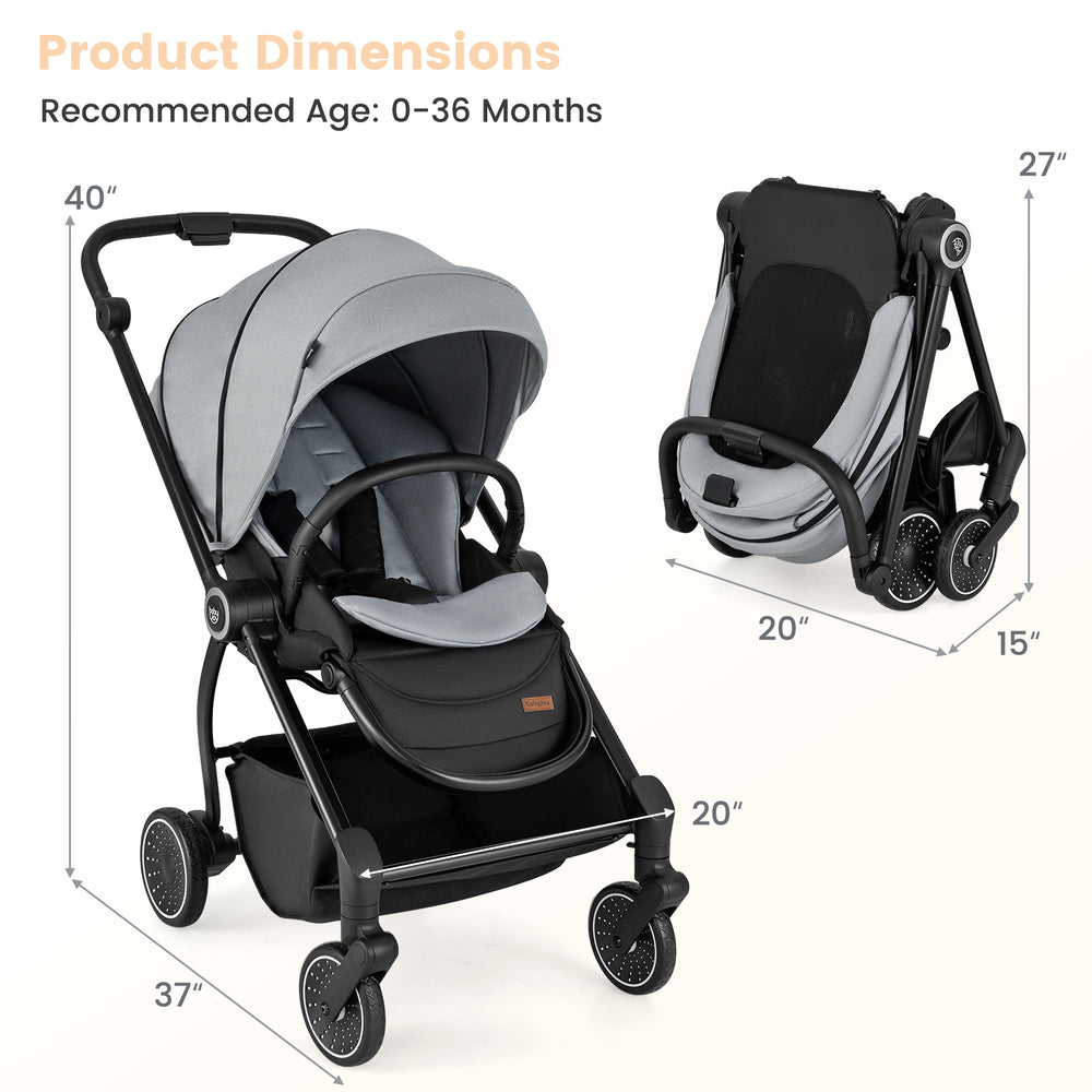 Foldable infant pram stroller in gray with a reversible seat, adjustable backrest, and compact design for easy storage.