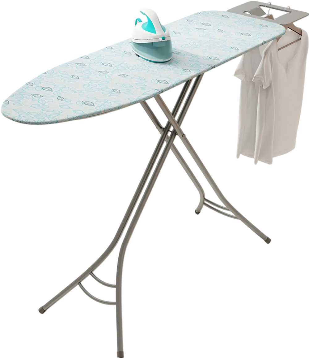 Foldable turquoise ironing board with adjustable height, iron rest, and sturdy metal frame for convenient ironing.