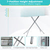 Foldable ironing board in turquoise with adjustable height, sturdy metal frame, and anti-slip foot pads for stability.