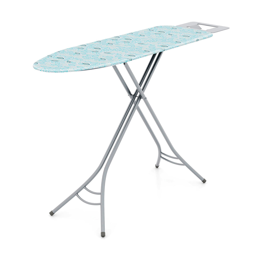 Foldable turquoise ironing board with adjustable height, iron rest, and sturdy metal frame for easy storage and.