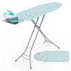 Foldable ironing board in turquoise with adjustable height, iron rest, and machine-washable cover for easy cleaning.
