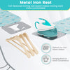 Foldable ironing board with turquoise cover, metal iron rest, and adjustable height for convenient ironing.