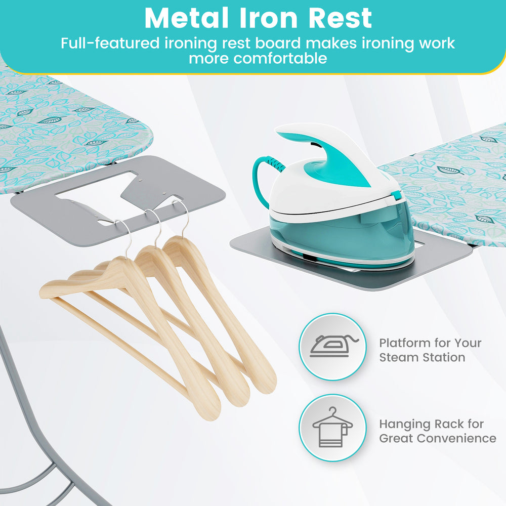 Foldable ironing board with turquoise cover, metal iron rest, and adjustable height for convenient ironing.