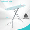 Adjustable height foldable ironing board in turquoise with iron rest, measuring 48.5" x 15.5", supports up to 66 lbs.