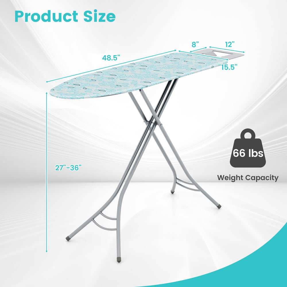 Adjustable height foldable ironing board in turquoise with iron rest, measuring 48.5" x 15.5", supports up to 66 lbs.