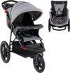 Foldable jogging stroller in gray with air-filled rubber tires, adjustable canopy, and detachable tray for convenience.