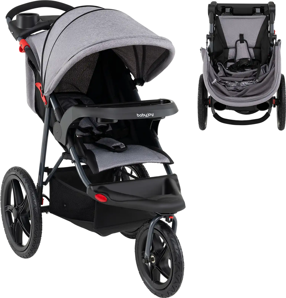 Foldable jogging stroller in gray with air-filled rubber tires, adjustable canopy, and detachable tray for convenience.