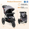 Foldable jogging stroller in gray with air-filled rubber tires, adjustable canopy, and detachable trays for convenience.