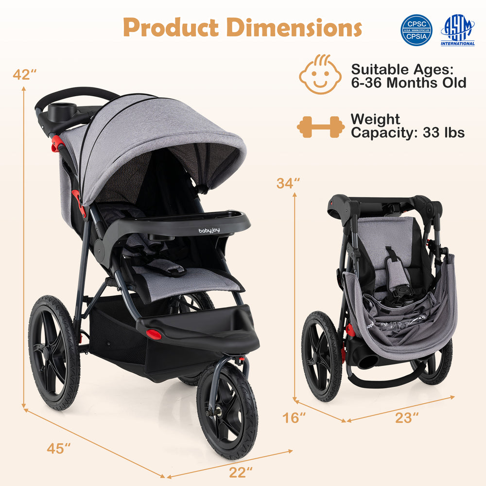 Foldable jogging stroller in gray with air-filled rubber tires, adjustable canopy, and detachable trays for convenience.