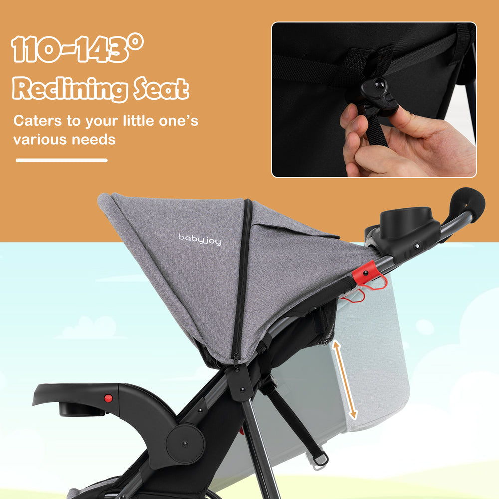 Reclining seat of the gray foldable jogging stroller, adjustable from 110-143° for your baby's comfort and needs.