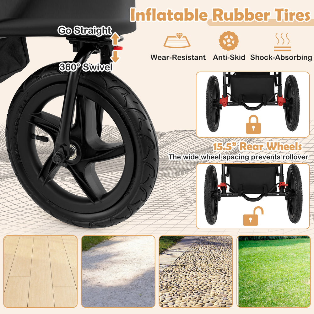 Inflatable rubber tires of the foldable jogging stroller, showcasing 15.5-inch rear wheels for shock absorption and.