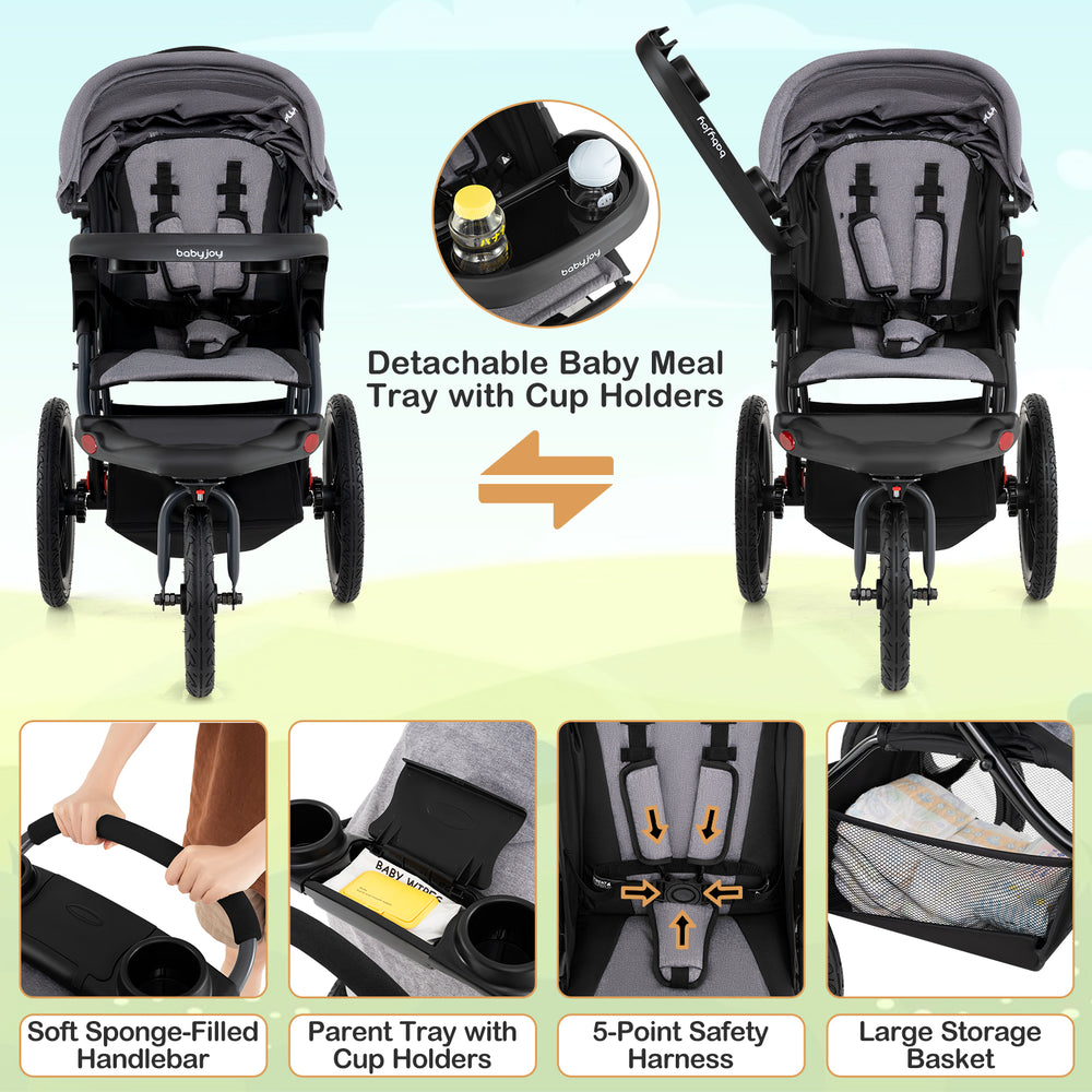 Foldable jogging stroller in gray with detachable tray, cup holders, and air-filled rubber tires for smooth rides.