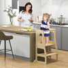3-in-1 foldable kitchen standing tower for toddlers in natural wood, used as a step stool and chalkboard for family.