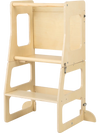 3-in-1 foldable kitchen standing tower for toddlers in natural wood, serving as a step stool and chalkboard for family.