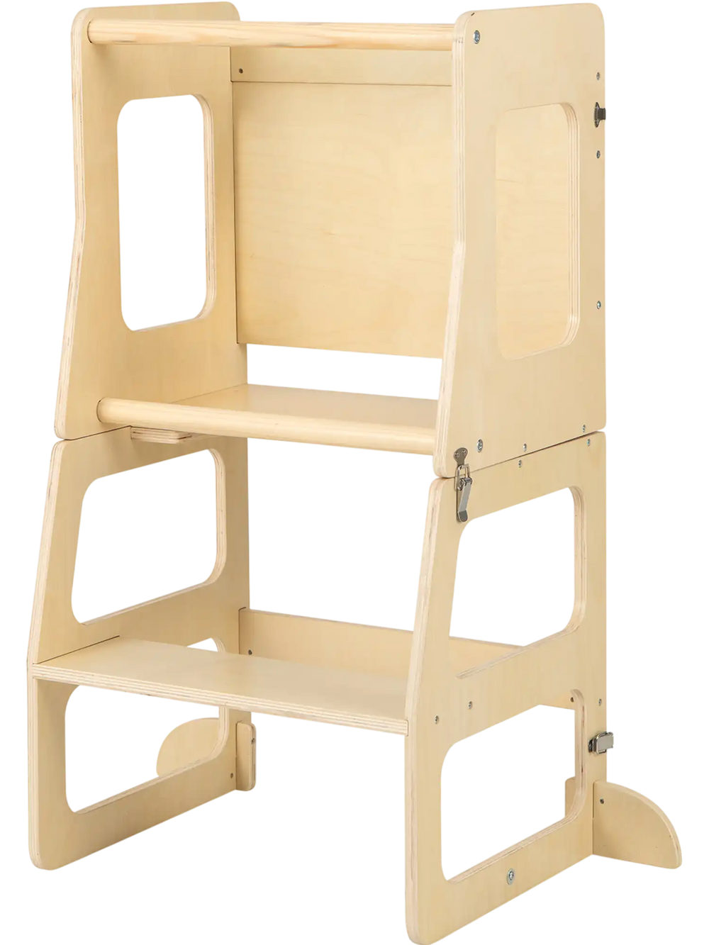 3-in-1 foldable kitchen standing tower for toddlers in natural wood, serving as a step stool and chalkboard for family.