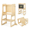 3-in-1 foldable kitchen standing tower for toddlers, natural wood, features chalkboard and step stool for independence.