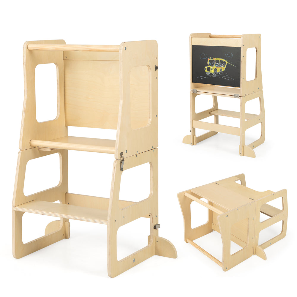 3-in-1 foldable kitchen standing tower for toddlers, natural wood, features chalkboard and step stool for independence.