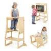3-in-1 foldable kitchen standing tower for toddlers, featuring a chalkboard and sturdy wooden construction for safe use.
