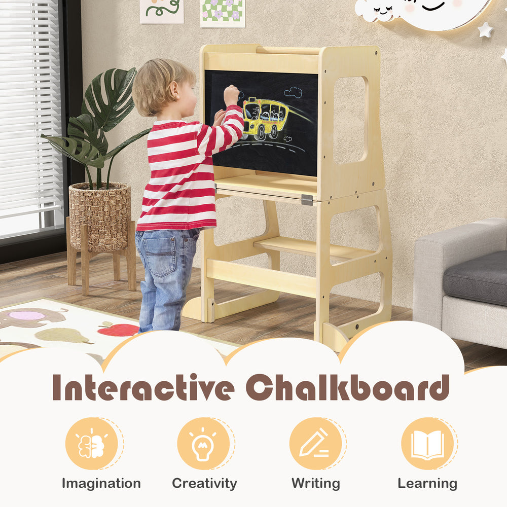 3-in-1 foldable kitchen standing tower with chalkboard, natural wood, promoting creativity and learning for toddlers.