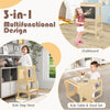 3-in-1 foldable kitchen standing tower for toddlers, featuring a chalkboard and kids table and stool set in natural.