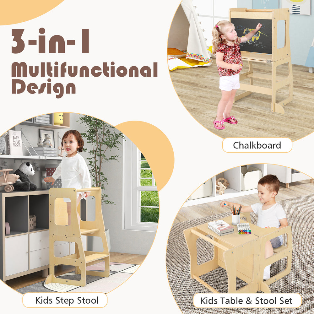 3-in-1 foldable kitchen standing tower for toddlers, featuring a chalkboard and kids table and stool set in natural.