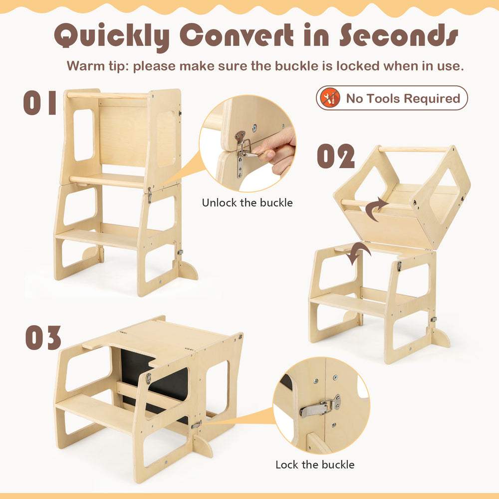 3-in-1 foldable kitchen standing tower for toddlers, showcasing easy conversion steps and natural wood finish.