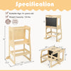 3-in-1 foldable kitchen standing tower for toddlers with chalkboard, made of natural wood, ideal for boosting.
