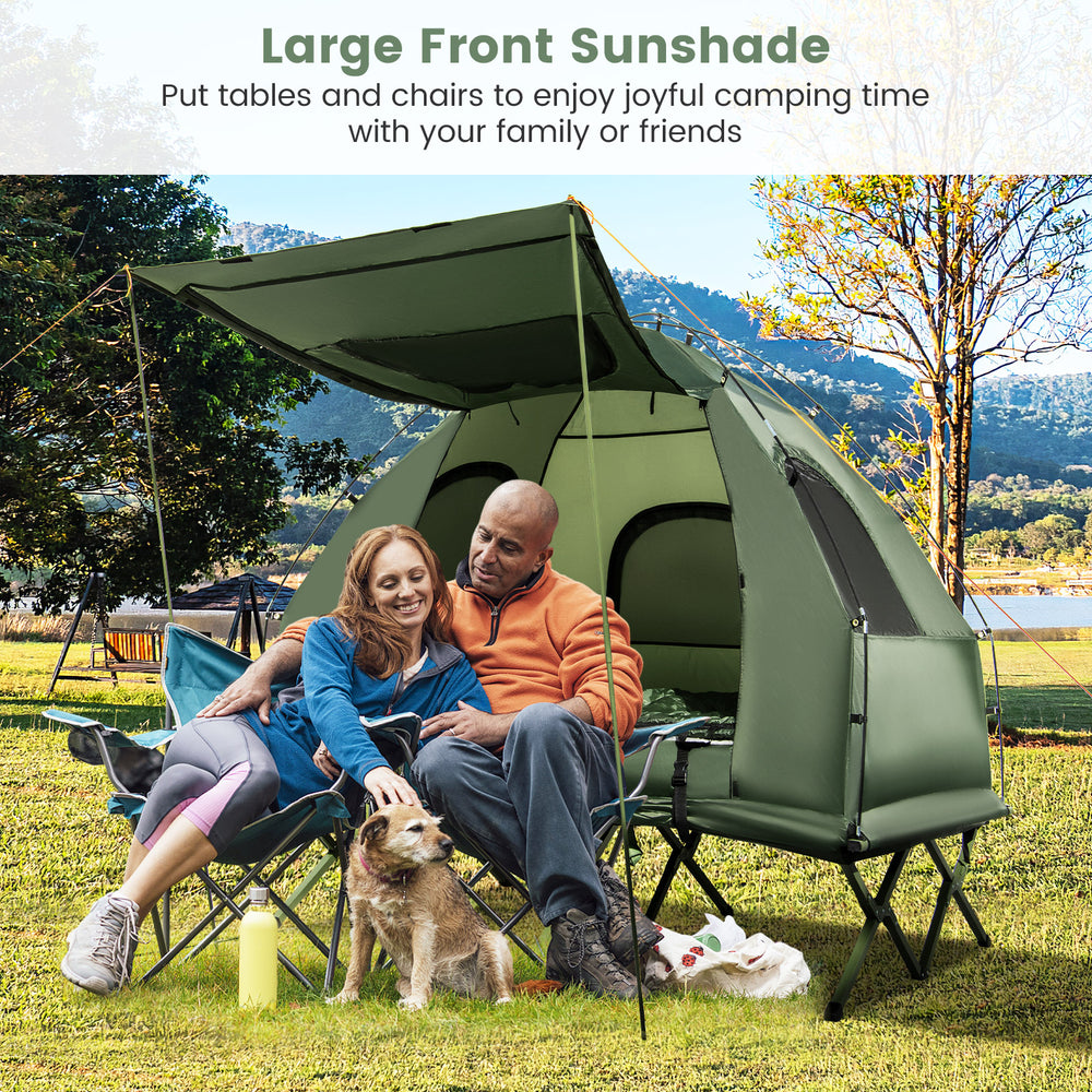5-in-1 2-person foldable camping tent cot with large front sunshade, ideal for outdoor activities and comfortable.