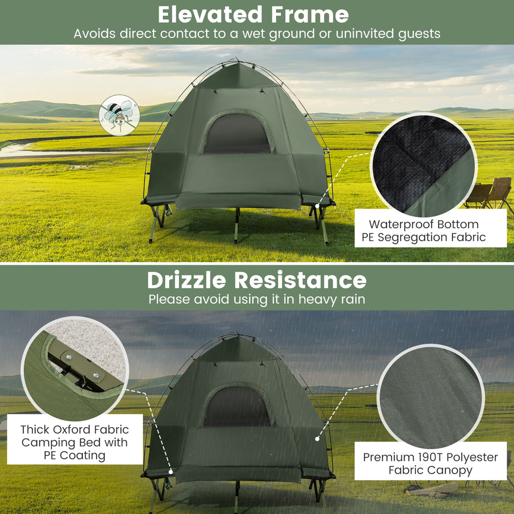 Elevated 2-person camping tent cot with waterproof fabric, mesh windows, and included air mattress for outdoor comfort.