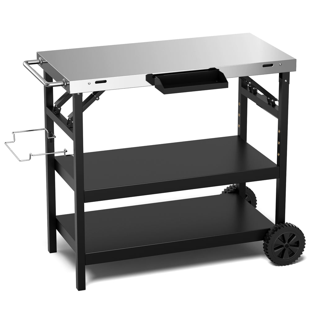 Foldable outdoor cart with stainless steel top, 3-tier storage, and wheels for easy mobility, ideal for food.