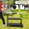 3-tier foldable outdoor cart in black with stainless steel top, adjustable shelf, and wheels for easy mobility.