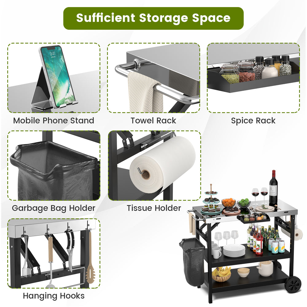 Foldable outdoor cart with 3 tiers, stainless steel, phone holder, and wheels for easy mobility and versatile use.