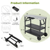 Foldable outdoor cart with stainless steel top, 3-tier storage, phone holder, and 2 wheels for easy mobility.