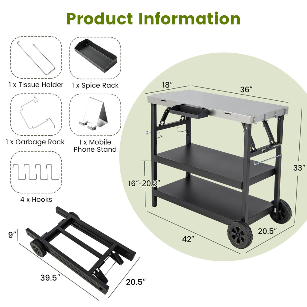 Foldable outdoor cart with stainless steel top, 3-tier storage, phone holder, and 2 wheels for easy mobility.