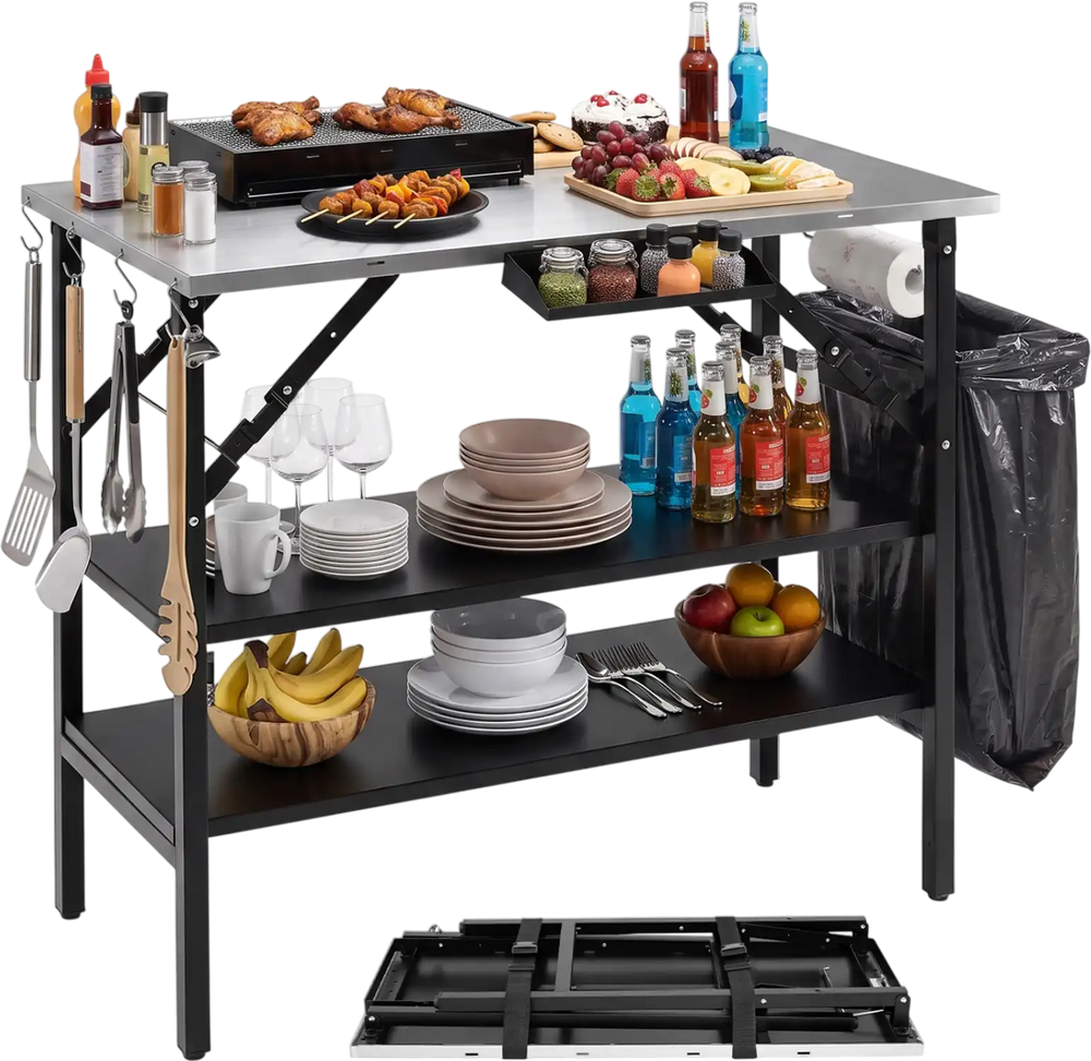 Foldable outdoor cook station includes a paper towel rack and spice rack for organized and convenient cooking while camping.