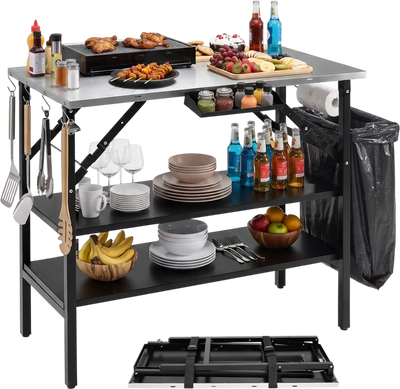 Costway Foldable Outdoor Cook Station Camping Grill Table Removable Shelves Trash Bag Holder 74337660 New