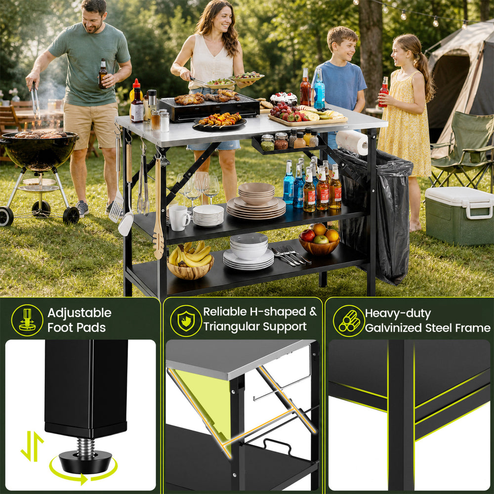 Foldable outdoor cook station with H-shaped support, adjustable foot pads, and a trash bag holder for outdoor cooking ease.