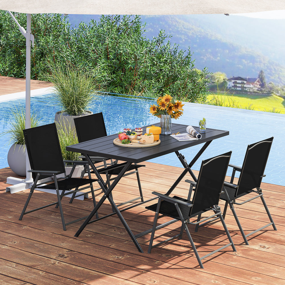 Foldable 48"x30" black metal patio dining table with slatted top, perfect for outdoor gatherings by the pool.