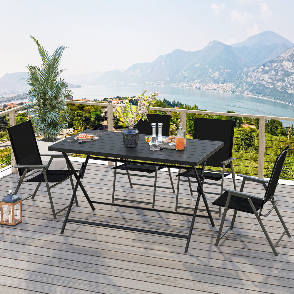 Foldable 48"x30" black metal patio dining table with slatted top, perfect for outdoor gatherings on the deck.