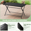 Foldable 48-inch black metal outdoor dining table with slatted top and anti-slip foot pads for stability and easy.