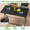 Black foldable outdoor dining table with slatted metal tabletop, ideal for patio use and easy to maintain.