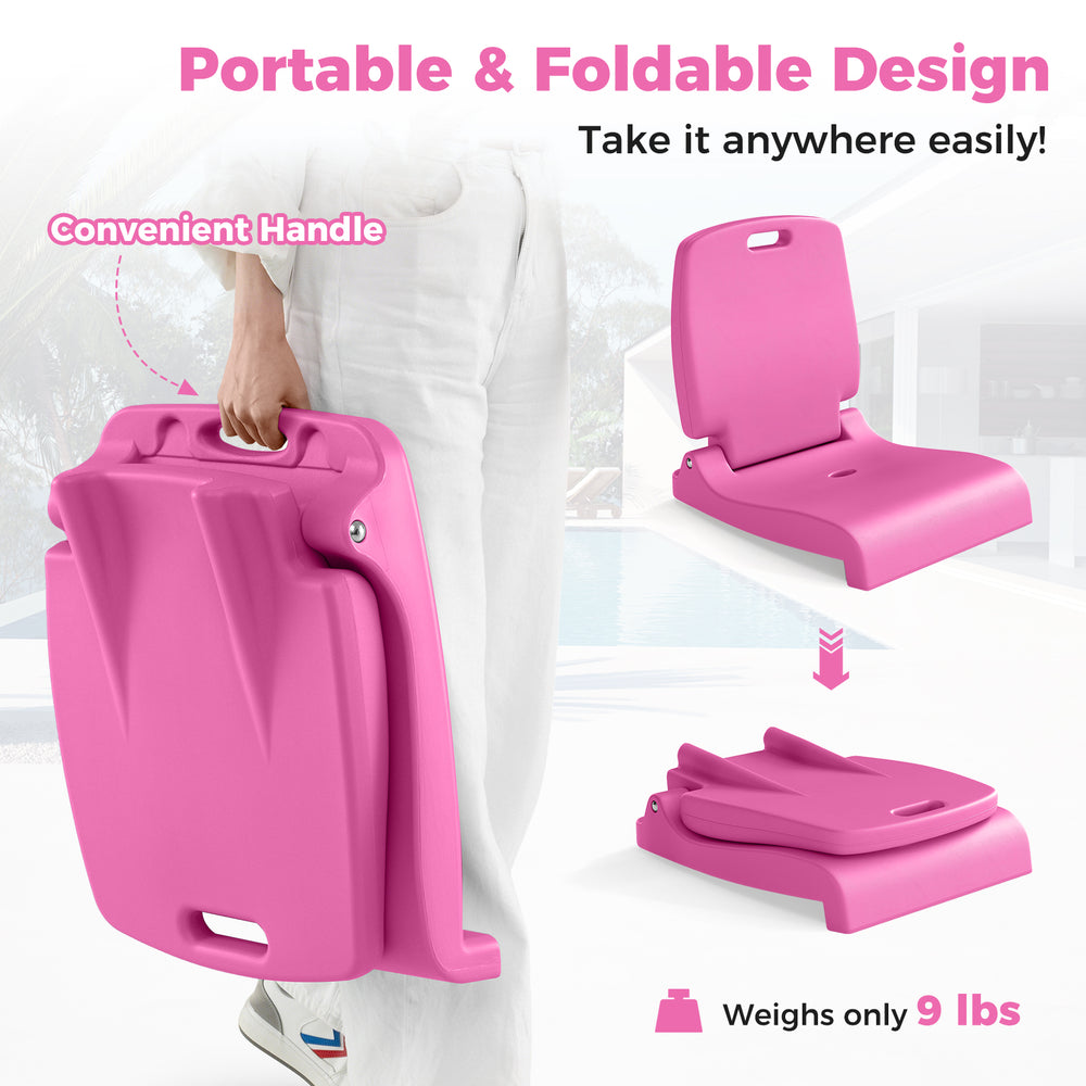 Foldable pink outdoor pool chair with handle, made from waterproof PE material, ideal for poolside and camping use.