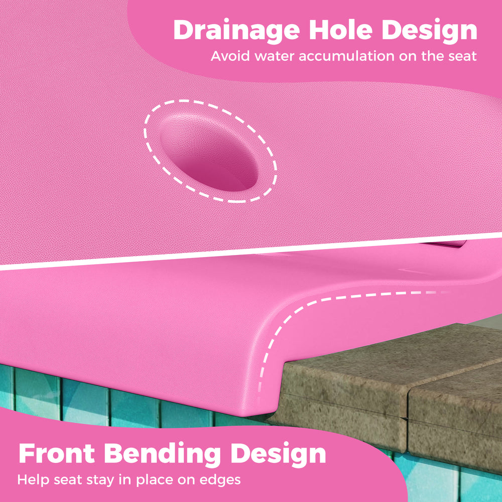 Close-up of the pink foldable outdoor pool chair showing drainage hole and front bending design for stability on edges.