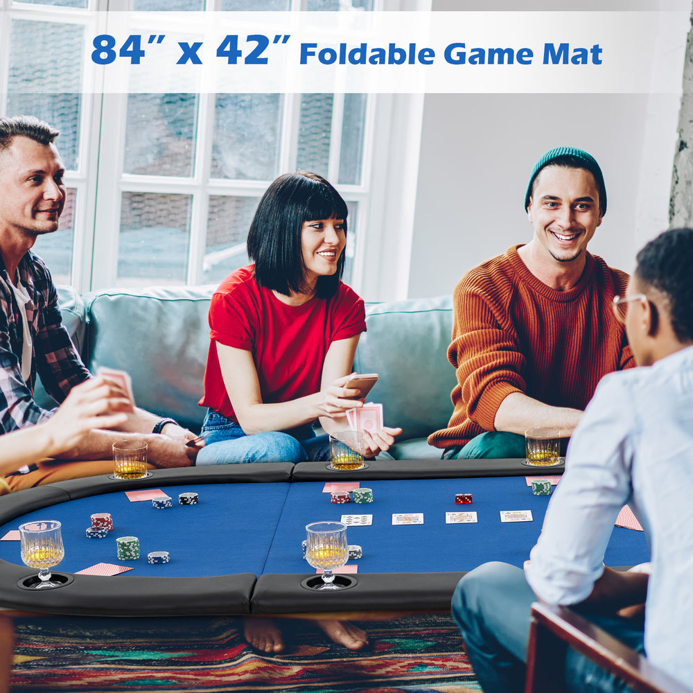 Portable 84 x 42 inch foldable poker table top in blue, accommodating 10 players with cushioned armrests for comfort.
