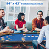 Portable 84 x 42 inch foldable poker table top in blue, accommodating 10 players with cushioned armrests for comfort.